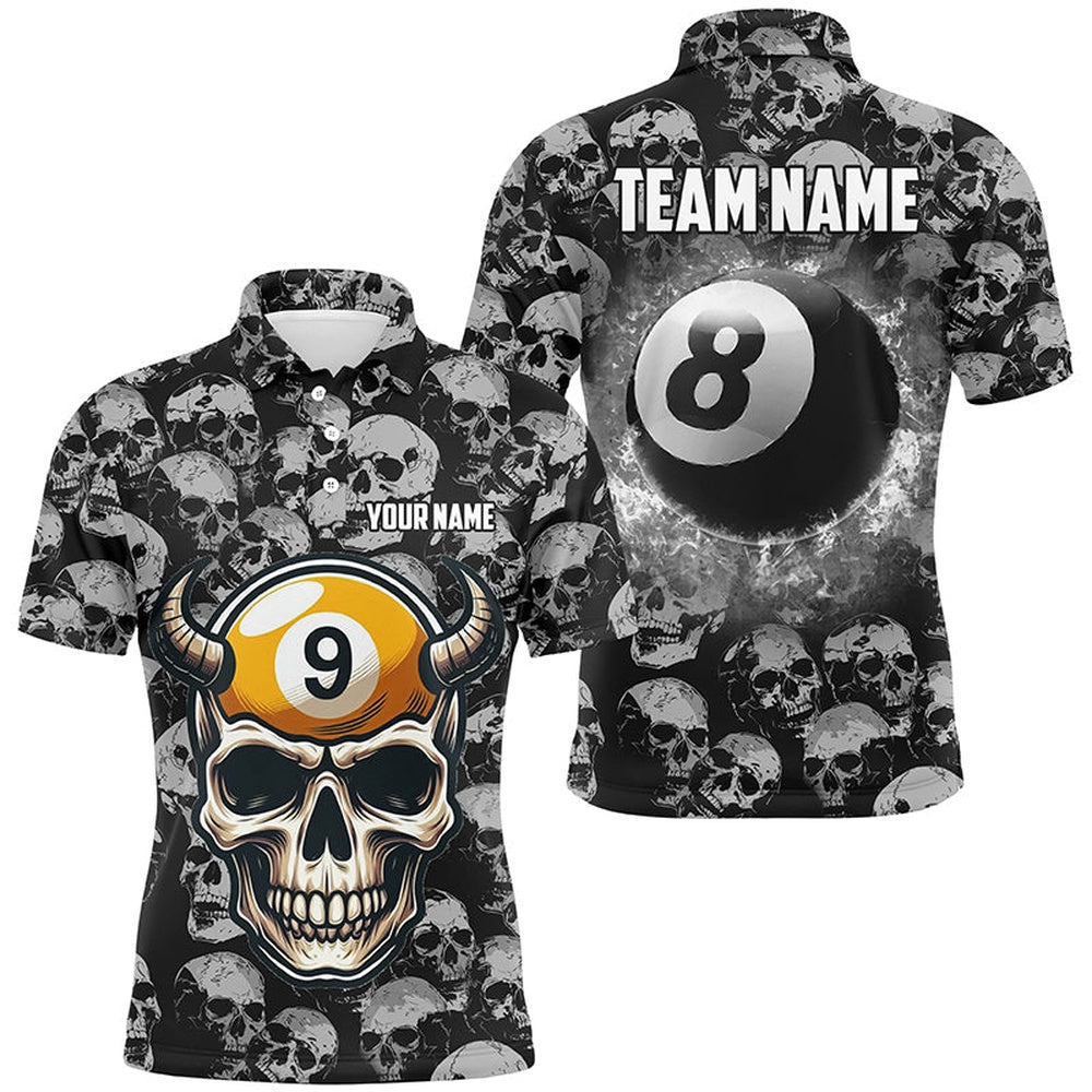 Billiard Polo Shirts, Personalized Billiard Jerseys 8 Ball & 9 Ball Custom Funny Skull Pattern Billiard Shirts, Billiards Team Shirts