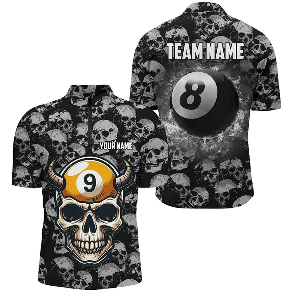 Billiard Polo Shirts, Personalized Billiard Jerseys 8 Ball & 9 Ball Custom Funny Skull Pattern Billiard Shirts, Billiards Team Shirts