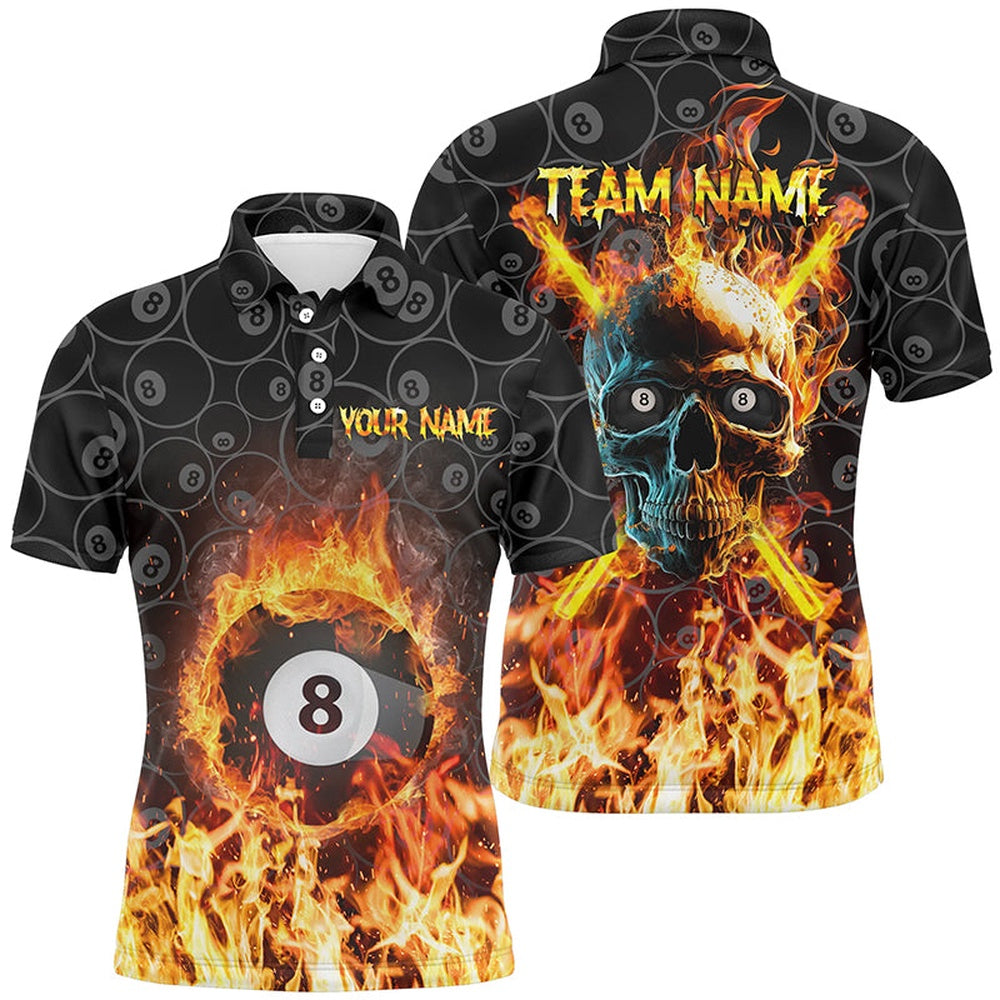 Billiard Polo Shirts, Personalized Billiard Skull 8 Ball Flame Billiard 3D Polo Shirts, Custom Billiards Jerseys, Billiards Team Shirts