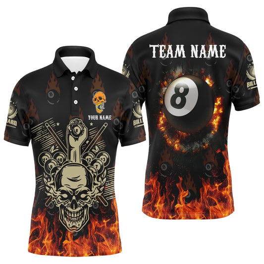 Billiard Polo Shirts, Personalized Billiard Skull 8 Ball Pool Fire Polo Shirts Custom Ball 8 Billiard Shirts, Billiards Team Shirts