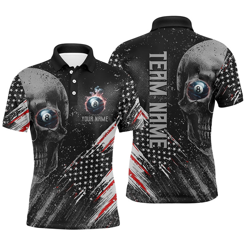 Billiard Polo Shirts, Personalized Billiard Skull 8 Ball Pool Smoke Us Flag Polo Shirts, Patriotic Billiards Outfit, Billiards Team Shirts