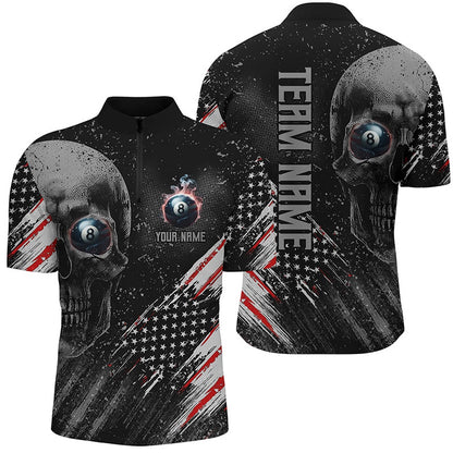Billiard Polo Shirts, Personalized Billiard Skull 8 Ball Pool Smoke Us Flag Polo Shirts, Patriotic Billiards Outfit, Billiards Team Shirts