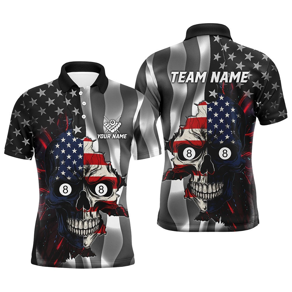 Billiard Polo Shirts, Personalized Billiard Skull American Flag Polo Shirts Custom Patriotic Billiard Jerseys Attire, Billiards Team Shirts