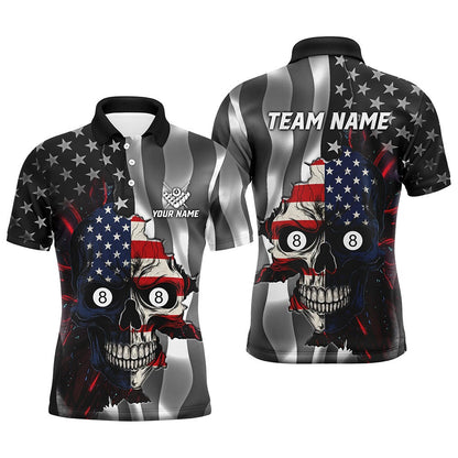 Billiard Polo Shirts, Personalized Billiard Skull American Flag Polo Shirts Custom Patriotic Billiard Jerseys Attire, Billiards Team Shirts