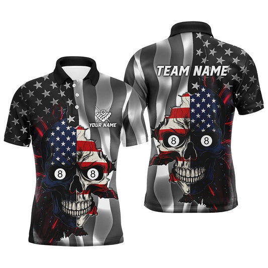 Billiard Polo Shirts, Personalized Billiard Skull American Flag Polo Shirts Custom Patriotic Billiard Jerseys Attire, Billiards Team Shirts