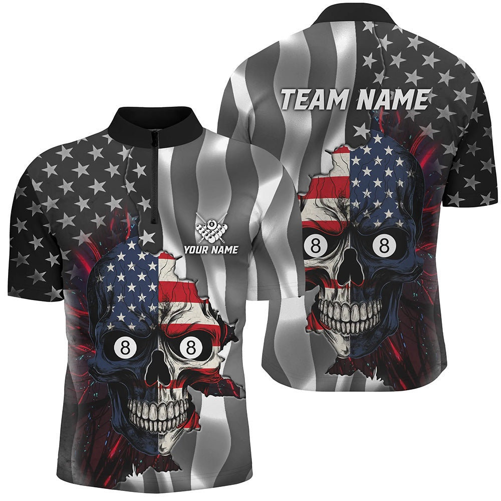 Billiard Polo Shirts, Personalized Billiard Skull American Flag Polo Shirts Custom Patriotic Billiard Jerseys Attire, Billiards Team Shirts
