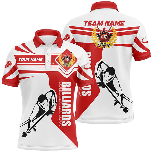 Billiard Polo Shirts, Personalized Billiard White And Red Pool Player Polo Shirts, Custom Name Team For Player, Billiards Team Shirts