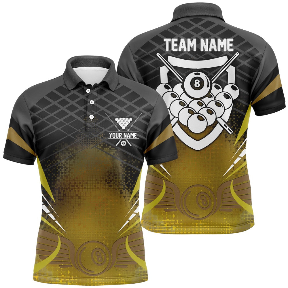 Billiard Polo Shirts, Personalized Billiards 8 Ball Pool Black Yellow 3D Polo Shirts, Billiard Balls Jerseys, Billiards Team Shirts