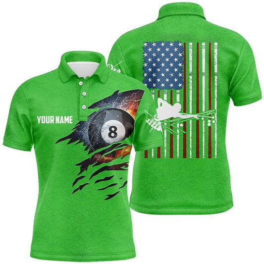 Billiard Polo Shirts, Personalized Billiards Green American Flag Polo Shirts, Custom 8 Ball Pool Billiards Shirts, Billiards Team Shirts