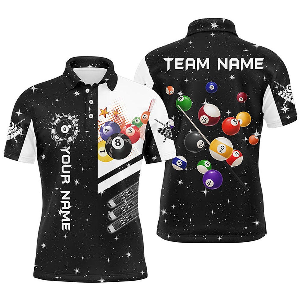 Billiard Polo Shirts, Personalized Black 3D Billiard Balls Polo Shirts Custom Name Billiard Team League Jerseys, Billiards Team Shirts