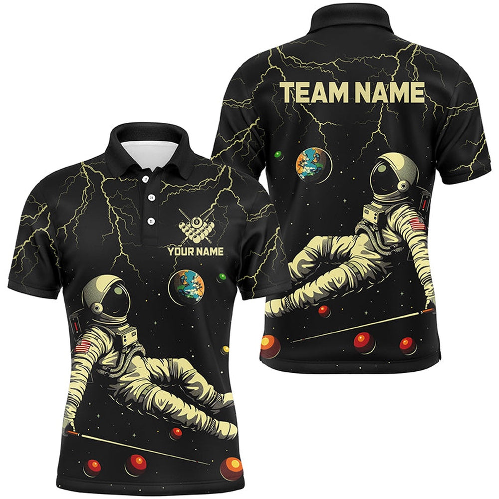 Billiard Polo Shirts, Personalized Black Astronaut Lightning Galaxy Billiard Shirts, Funny Billiard Apparel, Billiards Team Shirts