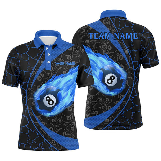 Billiard Polo Shirts, Personalized Black Blue Billiard Fire Flame Polo Shirts Custom Name 8 Ball Pool Team Shirts, Billiards Team Shirts