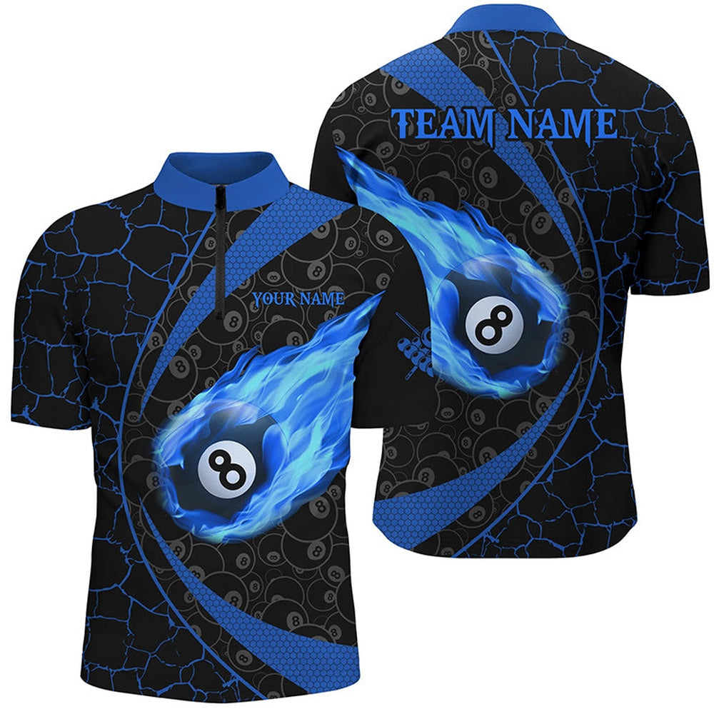 Billiard Polo Shirts, Personalized Black Blue Billiard Fire Flame Polo Shirts Custom Name 8 Ball Pool Team Shirts, Billiards Team Shirts