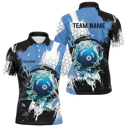 Billiard Polo Shirts, Personalized Black Blue Break Glass 10 Ball Pool 3D Shirts 10 Ball Billiards Jerseys, Billiards Team Shirts
