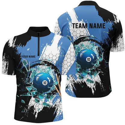 Billiard Polo Shirts, Personalized Black Blue Break Glass 10 Ball Pool 3D Shirts 10 Ball Billiards Jerseys, Billiards Team Shirts