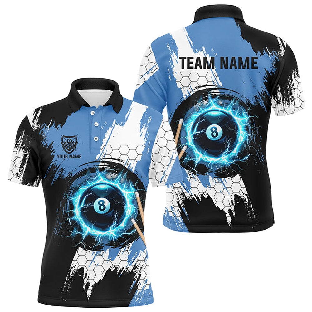 Billiard Polo Shirts, Personalized Black Blue Lightning 8 Ball Billiards 3D Shirts 8 Ball Pool Team Jerseys, Billiards Team Shirts