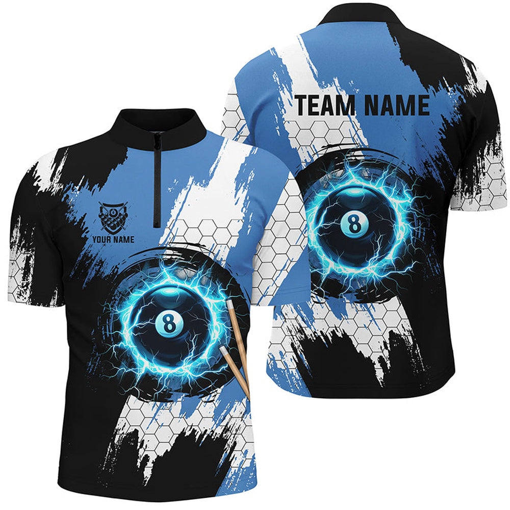 Billiard Polo Shirts, Personalized Black Blue Lightning 8 Ball Billiards 3D Shirts 8 Ball Pool Team Jerseys, Billiards Team Shirts