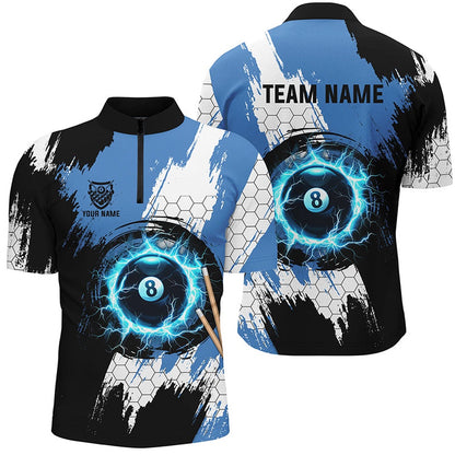 Billiard Polo Shirts, Personalized Black Blue Lightning 8 Ball Billiards 3D Shirts 8 Ball Pool Team Jerseys, Billiards Team Shirts