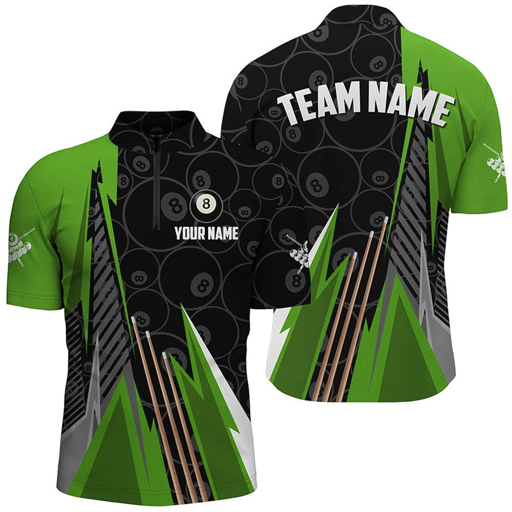 Billiard Polo Shirts, Personalized Black Green Billiard Pattern Polo & 14 Zip Shirts, Billiard Team Jersey Uniform, Billiards Team Shirts