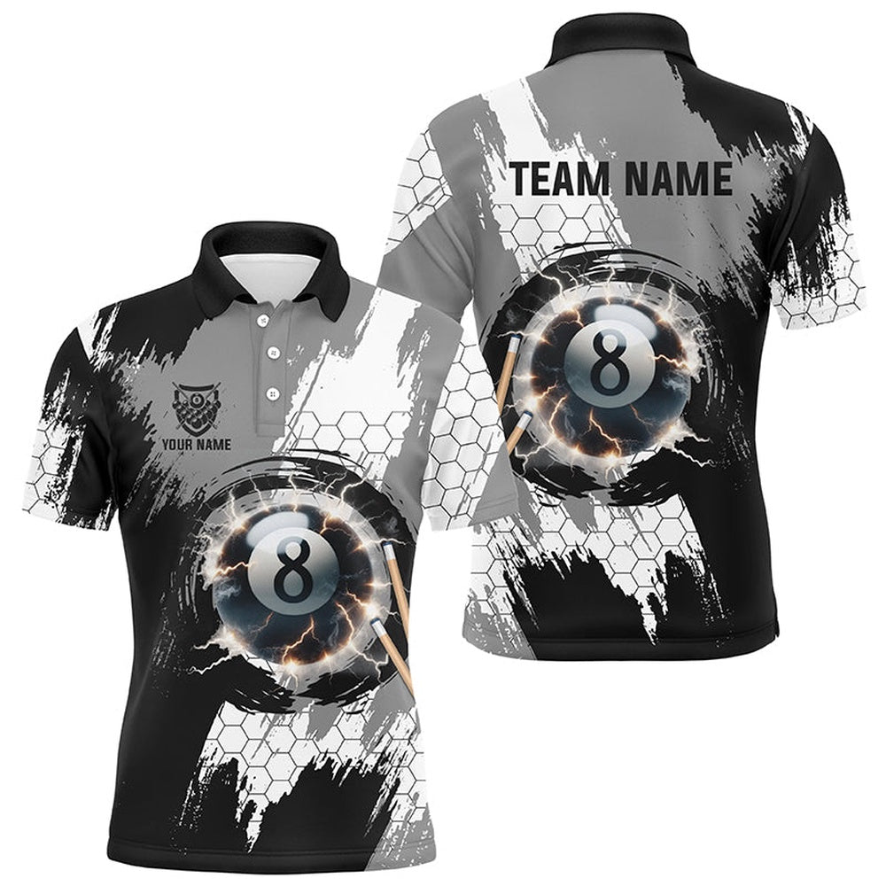 Billiard Polo Shirts, Personalized Black Grey Lightning 8 Ball Billiards 3D Shirts 8 Ball Pool Team Jerseys, Billiards Team Shirts