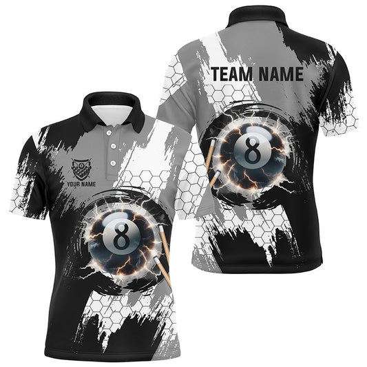 Billiard Polo Shirts, Personalized Black Grey Lightning 8 Ball Billiards 3D Shirts 8 Ball Pool Team Jerseys, Billiards Team Shirts