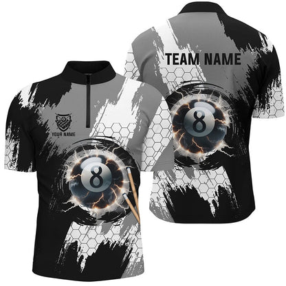 Billiard Polo Shirts, Personalized Black Grey Lightning 8 Ball Billiards 3D Shirts 8 Ball Pool Team Jerseys, Billiards Team Shirts