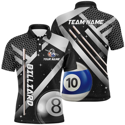 Billiard Polo Shirts, Personalized Black Jerseys Billiard 8 Ball & 10 Ball Pool Shirts Custom Unique Billiard Uniform, Billiards Team Shirts