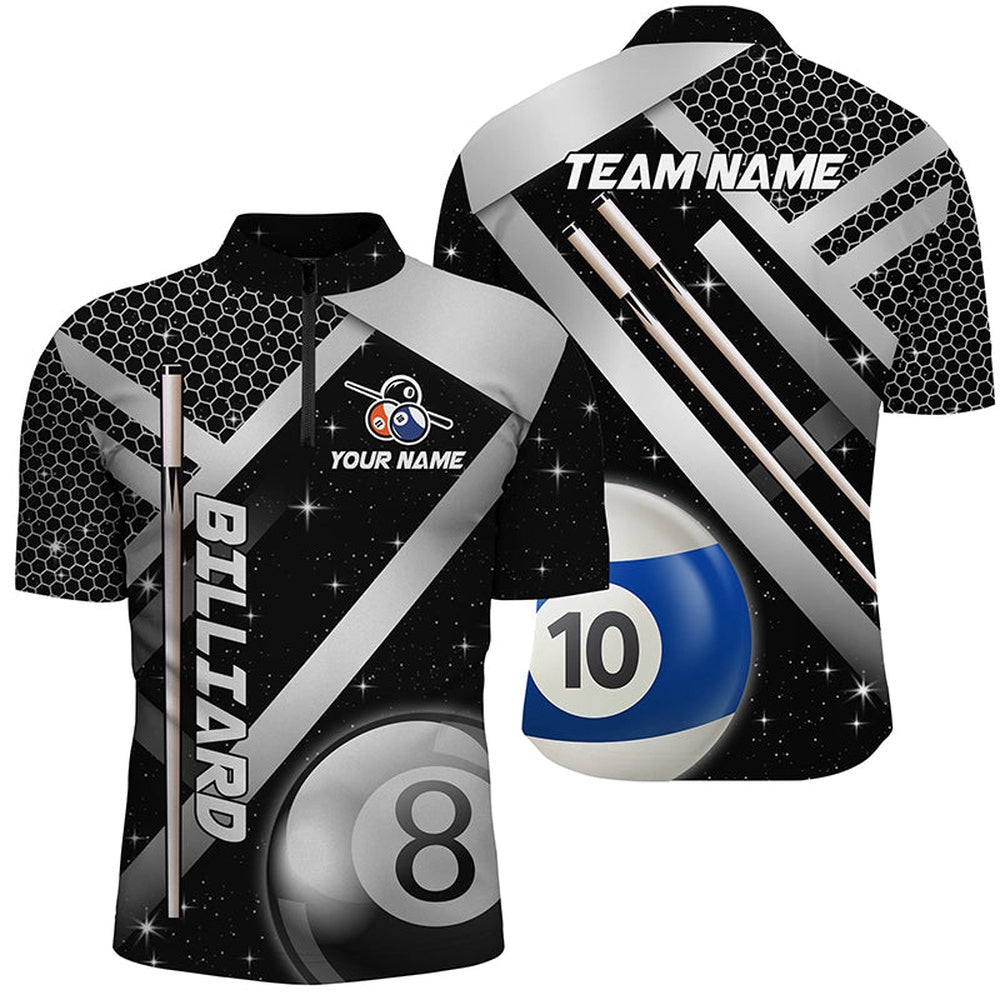 Billiard Polo Shirts, Personalized Black Jerseys Billiard 8 Ball & 10 Ball Pool Shirts Custom Unique Billiard Uniform, Billiards Team Shirts