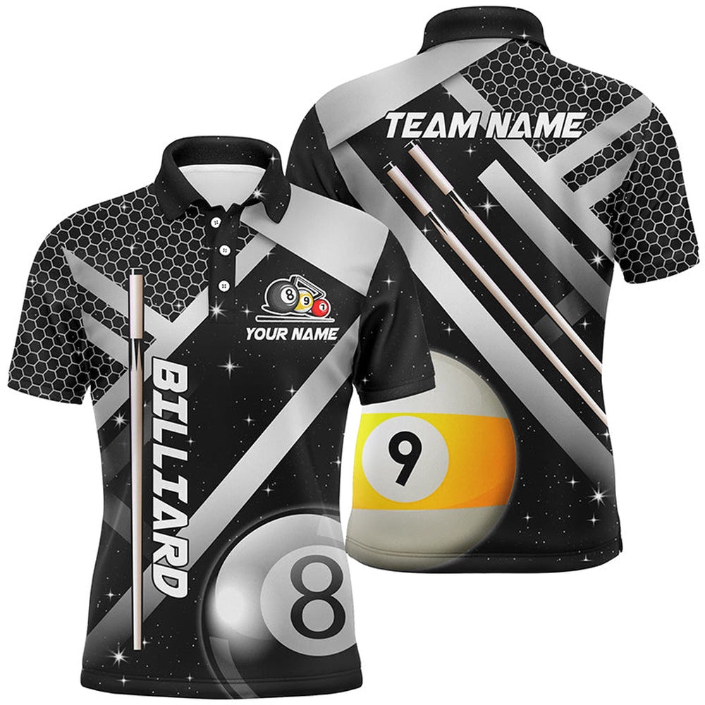 Billiard Polo Shirts, Personalized Black Jerseys Billiard 8 Ball & 9 Ball Polo Shirts Custom Unique Billiard Uniform, Billiards Team Shirts