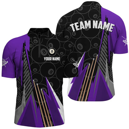 Billiard Polo Shirts, Personalized Black Purple Billiard Pattern Polo & 14 Zip Shirts, Billiard Team Jersey Uniform, Billiards Team Shirts
