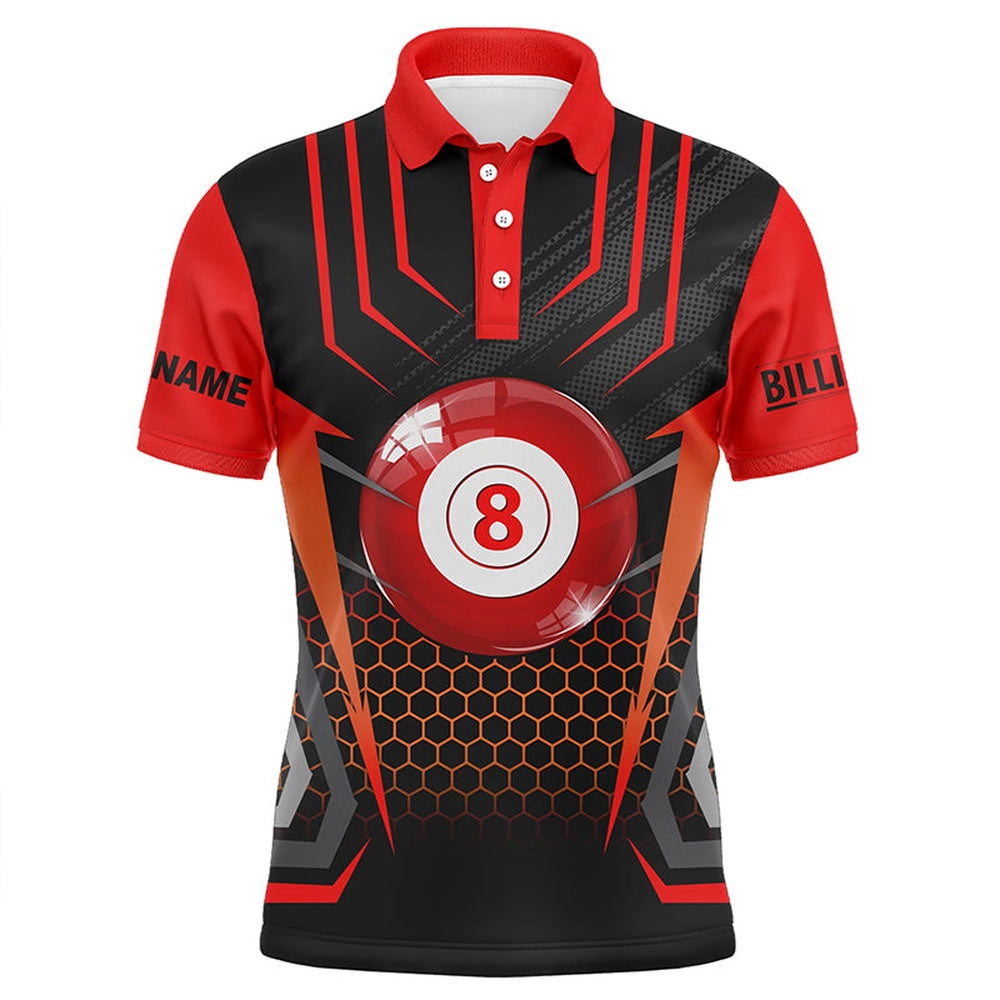 Billiard Polo Shirts, Personalized Black Red 8 Ball Pool Polo Shirts, Custom Name Billiard 8 Ball Jerseys, Billiards Team Shirts