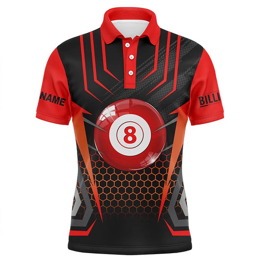 Billiard Polo Shirts, Personalized Black Red 8 Ball Pool Polo Shirts, Custom Name Billiard 8 Ball Jerseys, Billiards Team Shirts