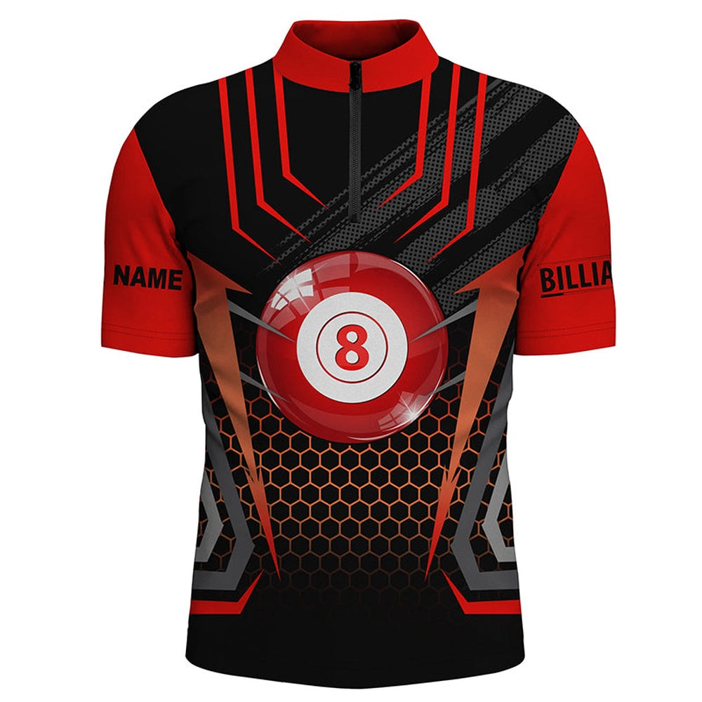 Billiard Polo Shirts, Personalized Black Red 8 Ball Pool Polo Shirts, Custom Name Billiard 8 Ball Jerseys, Billiards Team Shirts