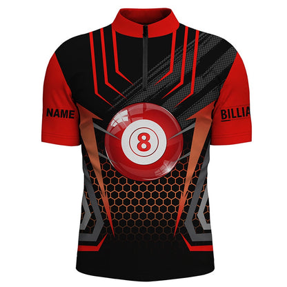 Billiard Polo Shirts, Personalized Black Red 8 Ball Pool Polo Shirts, Custom Name Billiard 8 Ball Jerseys, Billiards Team Shirts