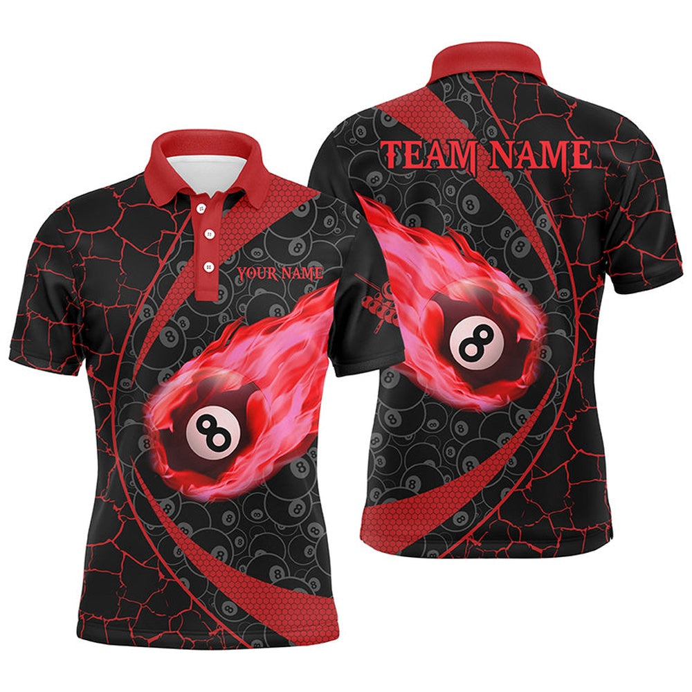 Billiard Polo Shirts, Personalized Black Red Billiard Fire Flame Polo Shirts Custom Name 8 Ball Pool Team Shirts, Billiards Team Shirts
