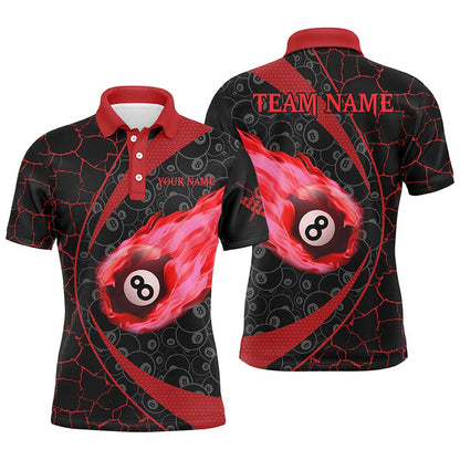 Billiard Polo Shirts, Personalized Black Red Billiard Fire Flame Polo Shirts Custom Name 8 Ball Pool Team Shirts, Billiards Team Shirts