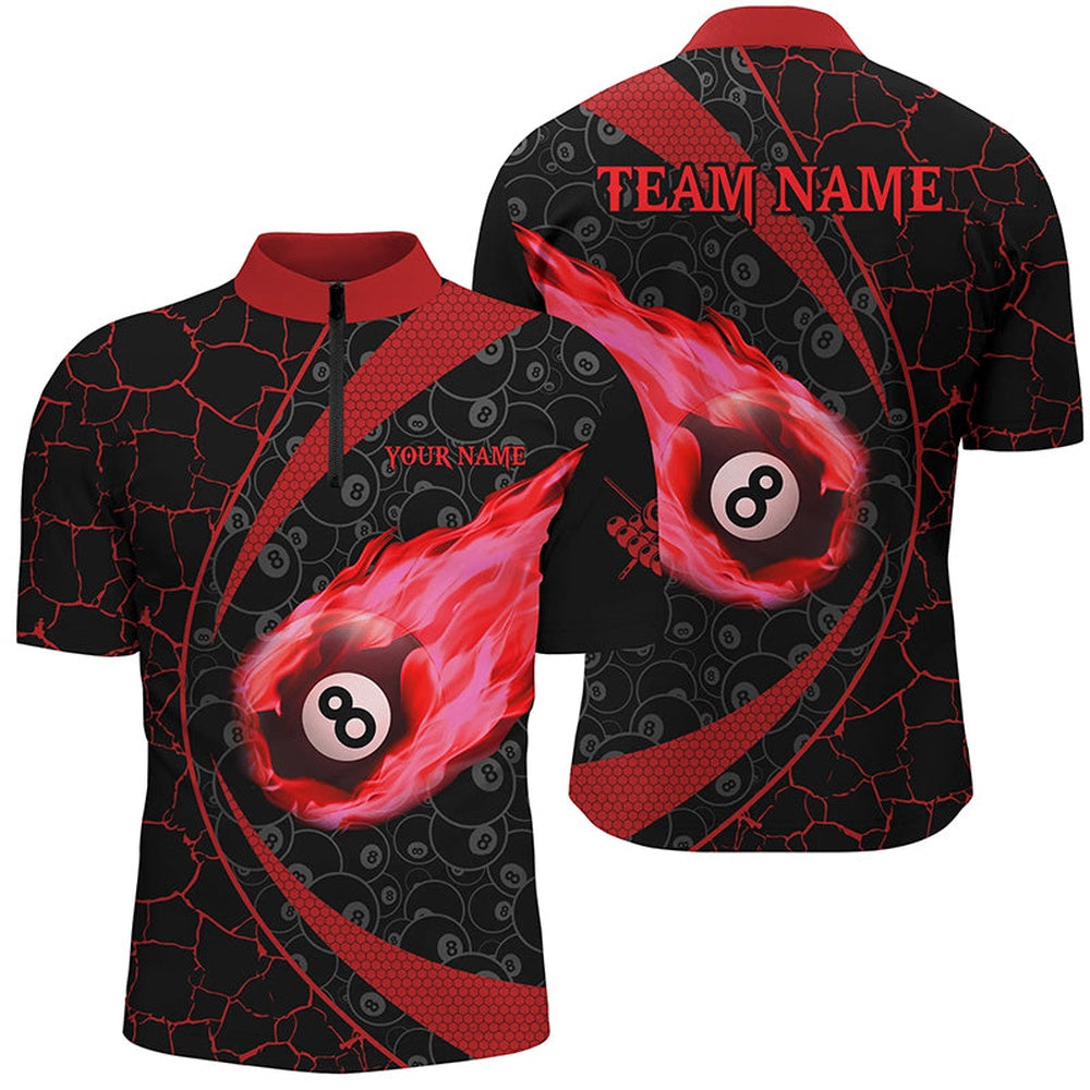 Billiard Polo Shirts, Personalized Black Red Billiard Fire Flame Polo Shirts Custom Name 8 Ball Pool Team Shirts, Billiards Team Shirts