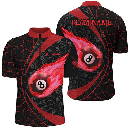 Billiard Polo Shirts, Personalized Black Red Billiard Fire Flame Polo Shirts Custom Name 8 Ball Pool Team Shirts, Billiards Team Shirts