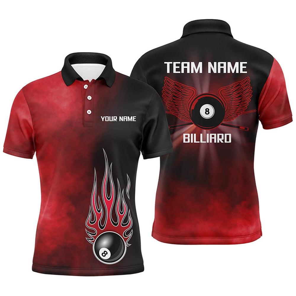 Billiard Polo Shirts, Personalized Black Red Flame 8 Ball Pool Polo Shirts, Custom Billiard 8 Ball Wing Jerseys, Billiards Team Shirts