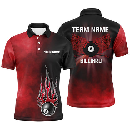 Billiard Polo Shirts, Personalized Black Red Flame 8 Ball Pool Polo Shirts, Custom Billiard 8 Ball Wing Jerseys, Billiards Team Shirts