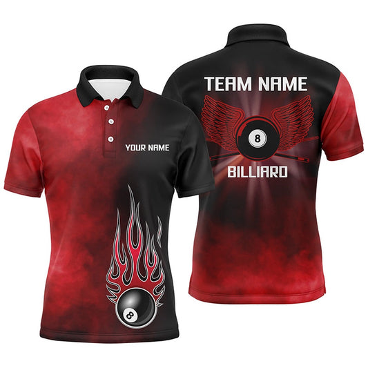 Billiard Polo Shirts, Personalized Black Red Flame 8 Ball Pool Polo Shirts, Custom Billiard 8 Ball Wing Jerseys, Billiards Team Shirts