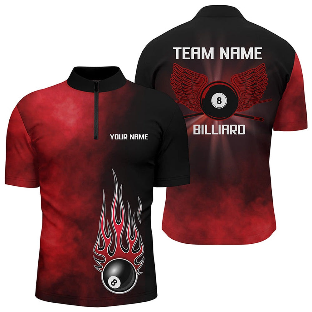 Billiard Polo Shirts, Personalized Black Red Flame 8 Ball Pool Polo Shirts, Custom Billiard 8 Ball Wing Jerseys, Billiards Team Shirts