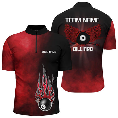 Billiard Polo Shirts, Personalized Black Red Flame 8 Ball Pool Polo Shirts, Custom Billiard 8 Ball Wing Jerseys, Billiards Team Shirts