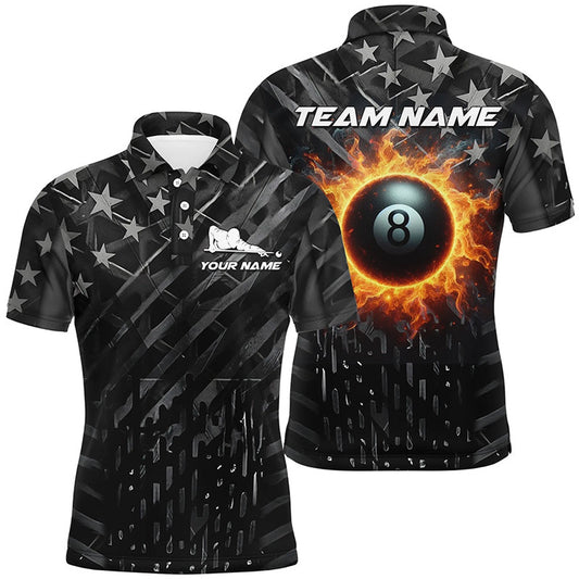 Billiard Polo Shirts, Personalized Black Retro Us Flag 8 Ball Fire Billiard Polo Shirts, Patriotic Pool Team Jersey, Billiards Team Shirts