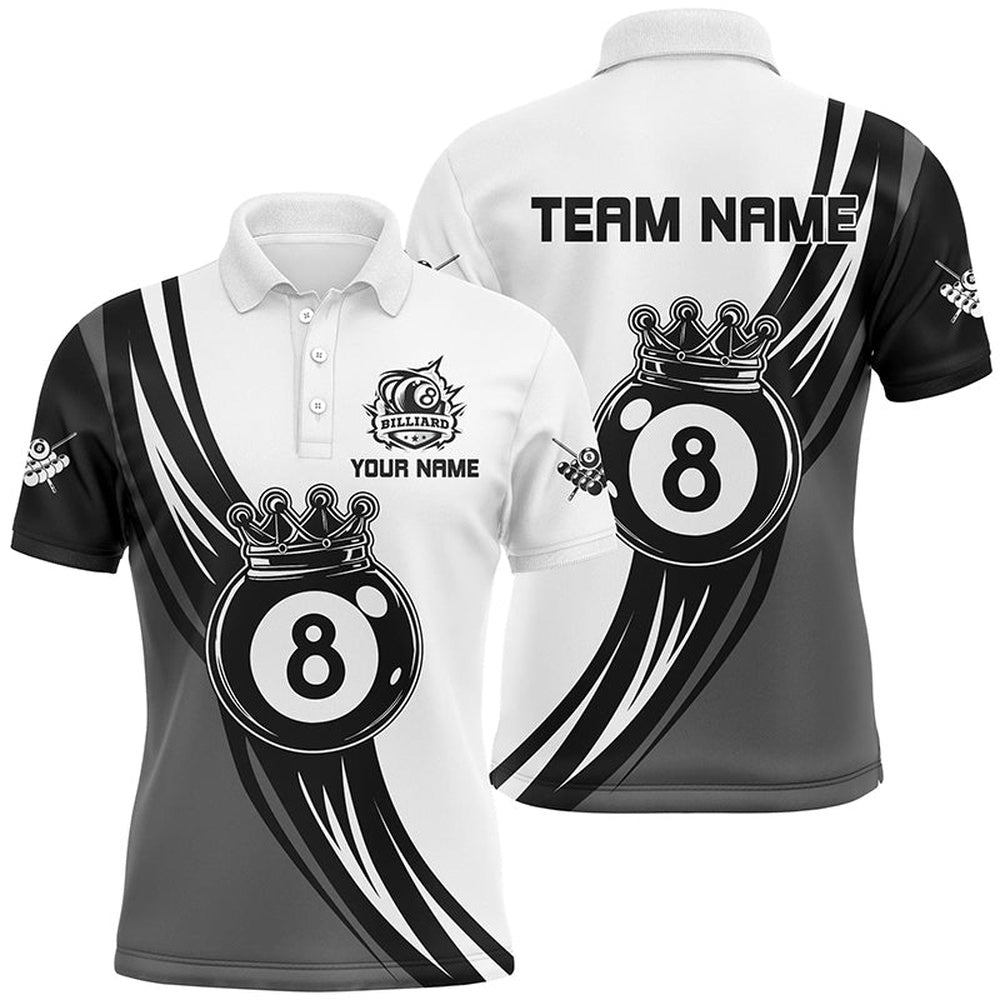 Billiard Polo Shirts, Personalized Black White 8 Ball Pool Crown Billiard Shirts, Best Billiard 8 Ball Team Jerseys, Billiards Team Shirts