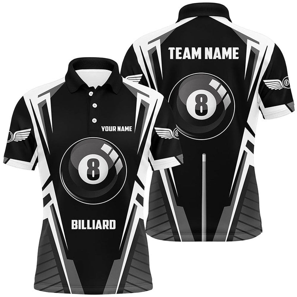 Billiard Polo Shirts, Personalized Black White 8 Ball Pool Polo Shirts, Custom 8 Ball Pool Billiards Team Shirts, Billiards Team Shirts