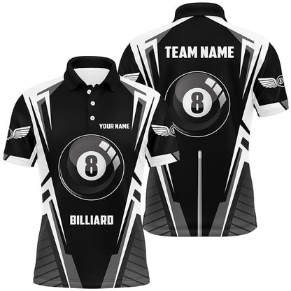 Billiard Polo Shirts, Personalized Black White 8 Ball Pool Polo Shirts, Custom 8 Ball Pool Billiards Team Shirts, Billiards Team Shirts
