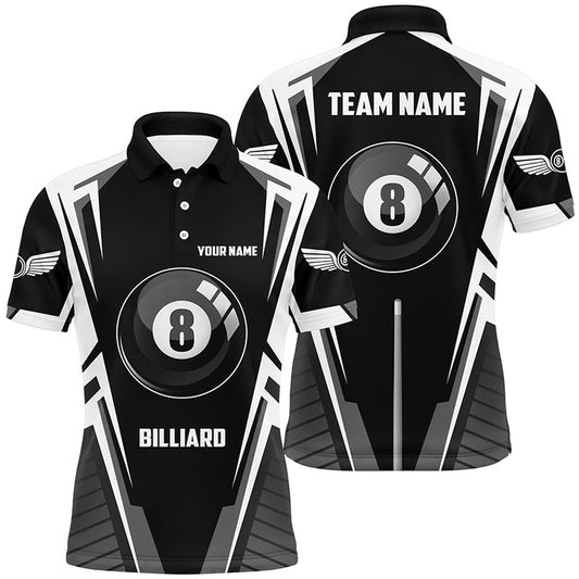 Billiard Polo Shirts, Personalized Black White 8 Ball Pool Polo Shirts, Custom 8 Ball Pool Billiards Team Shirts, Billiards Team Shirts