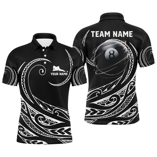 Billiard Polo Shirts, Personalized Black White 8 Ball Pool Tribal Pattern Polo Shirts Custom 3D Billiard Pool Jersey, Billiards Team Shirts