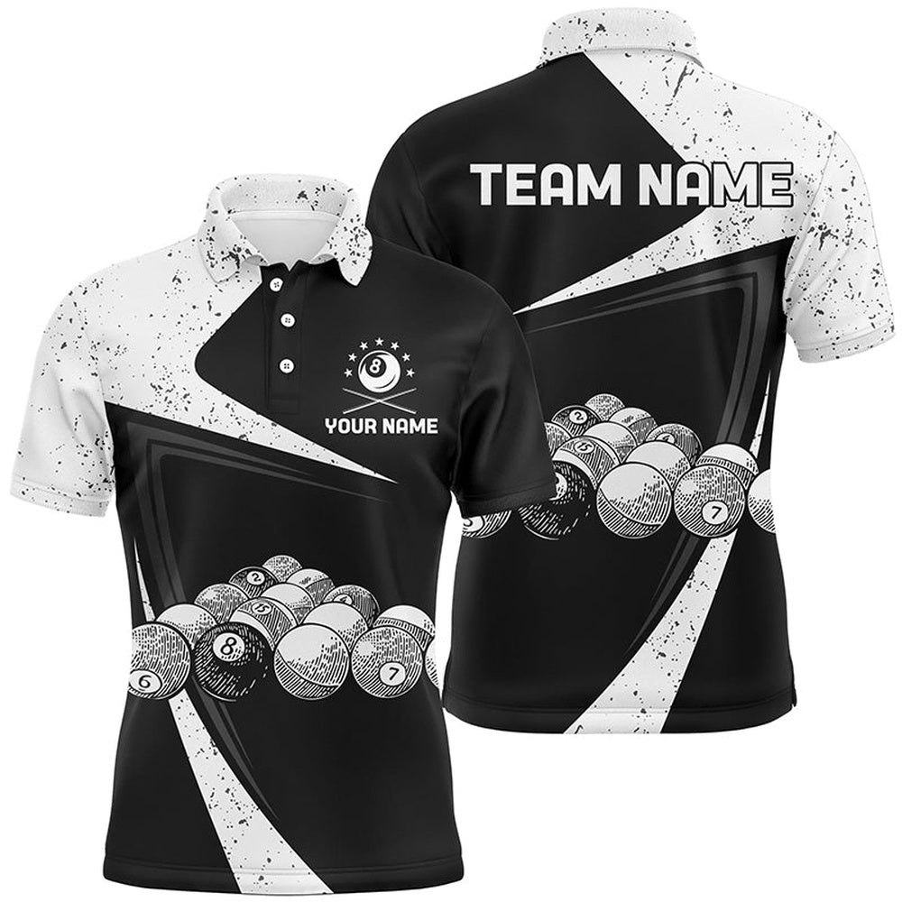 Billiard Polo Shirts, Personalized Black White Grunge Billiard Balls Polo Shirts, Custom 8 Ball Pool Team Shirts, Billiards Team Shirts